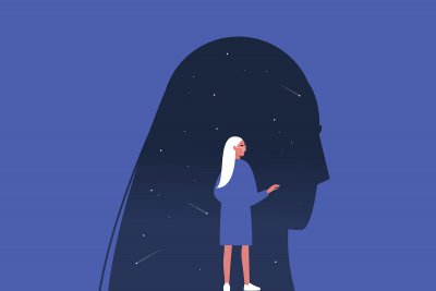 Dream analysis-New Year New You trap  Psychoanalysis, young female character studying their own subconscious, stars and comets inside a dark silhouette Copyright (c) 2020 Nadia Snopek/Shutterstock.  No use without permission.